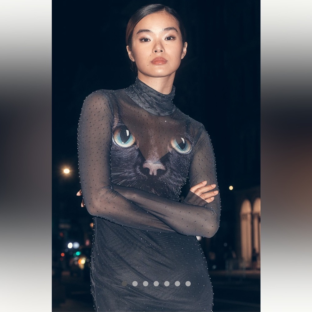 Anthropologie Black Sheer Midi Dress with Graphic Cat Face